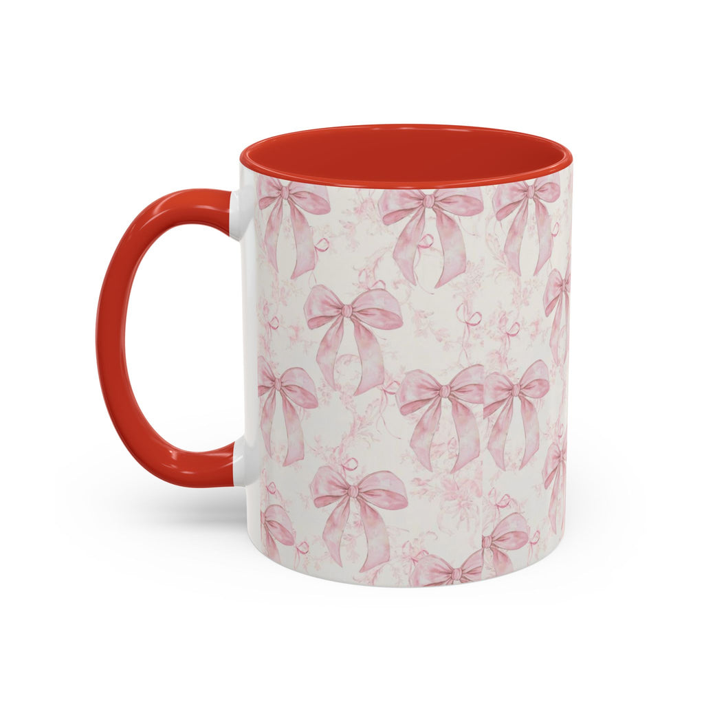 Pink Bow Pattern Accent Coffee Mug — Feminine Floral Ribbon Design, 11/15 oz