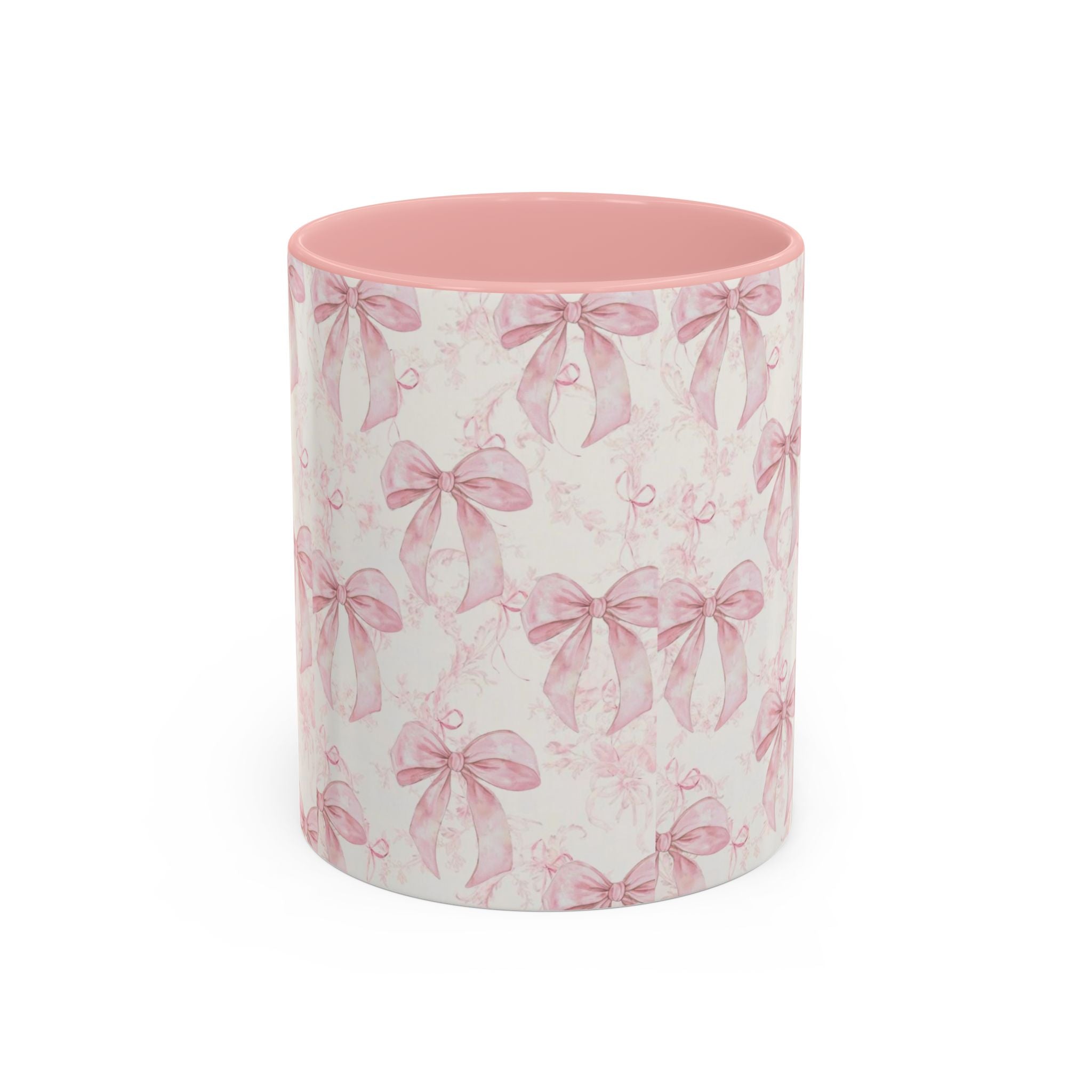 Pink Bow Pattern Accent Coffee Mug — Feminine Floral Ribbon Design, 11/15 oz