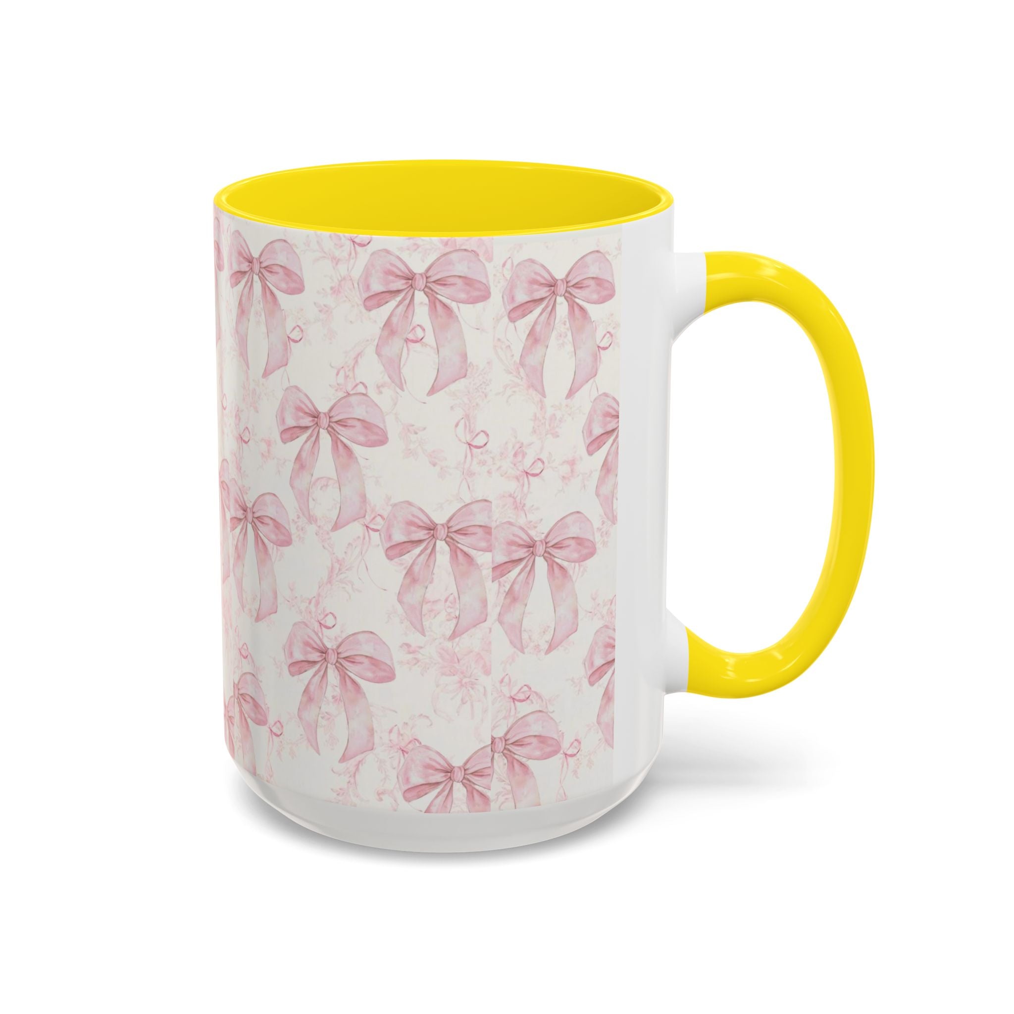 Pink Bow Pattern Accent Coffee Mug — Feminine Floral Ribbon Design, 11/15 oz