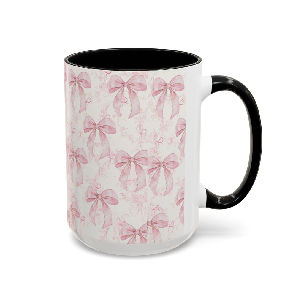 Pink Bow Pattern Accent Coffee Mug — Feminine Floral Ribbon Design, 11/15 oz
