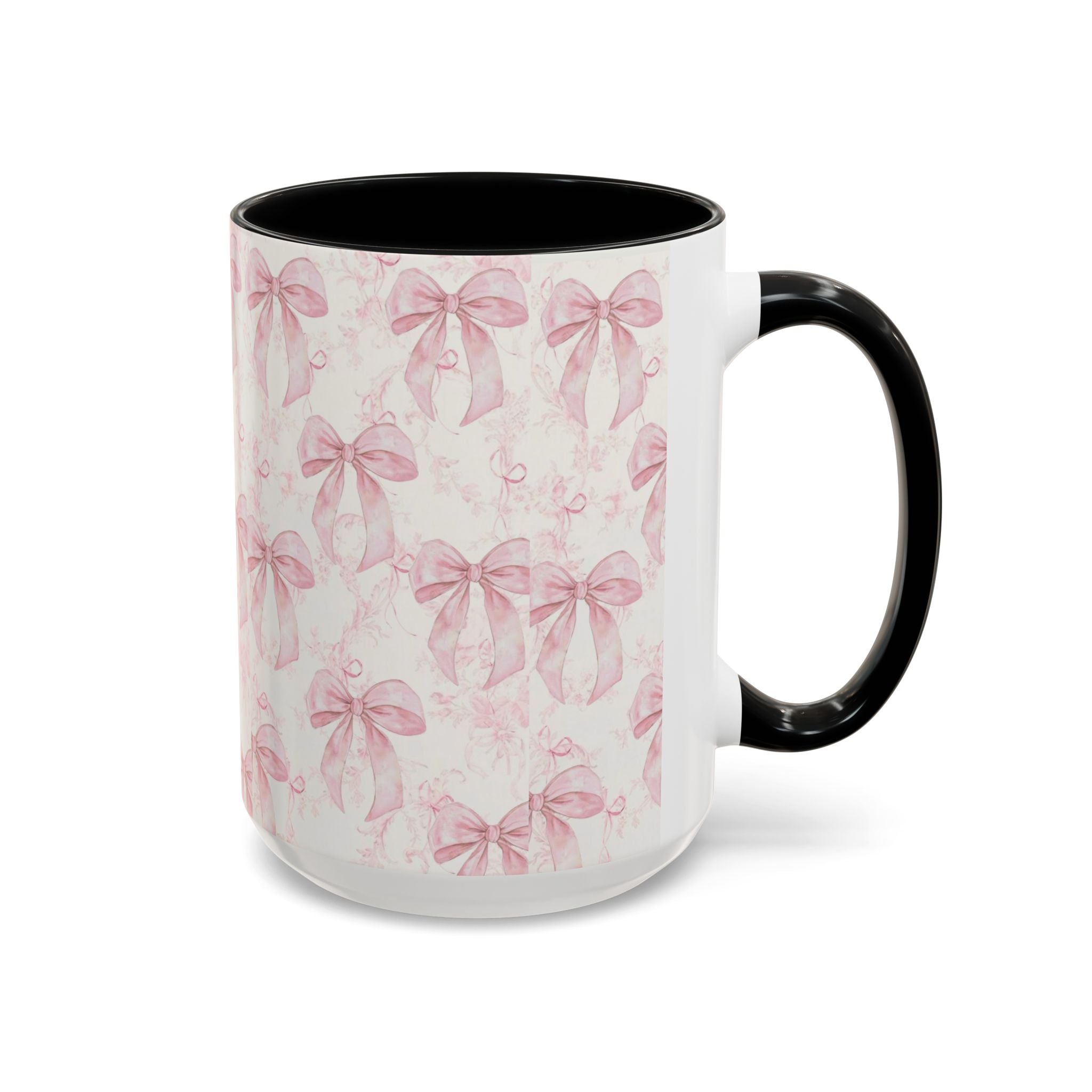 Pink Bow Pattern Accent Coffee Mug — Feminine Floral Ribbon Design, 11/15 oz