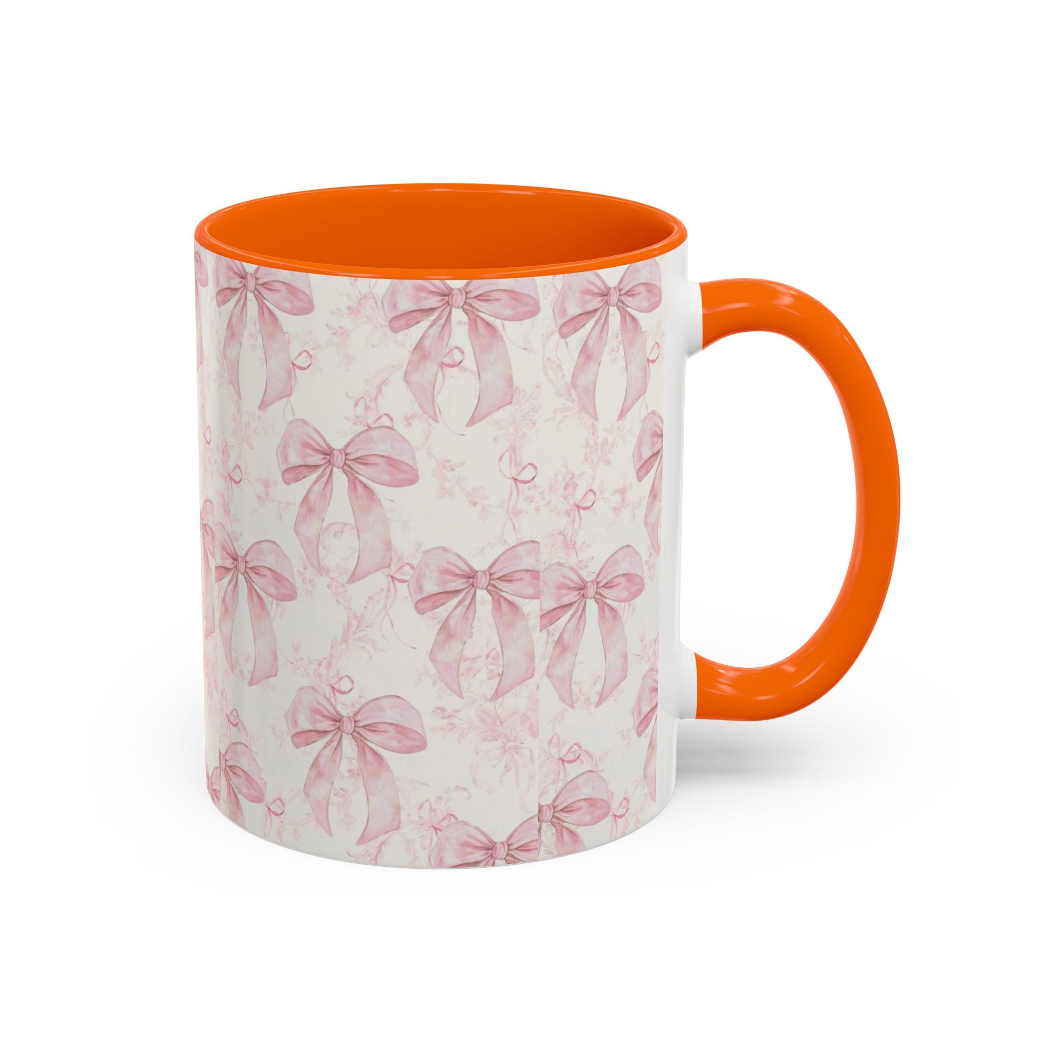 Pink Bow Pattern Accent Coffee Mug — Feminine Floral Ribbon Design, 11/15 oz