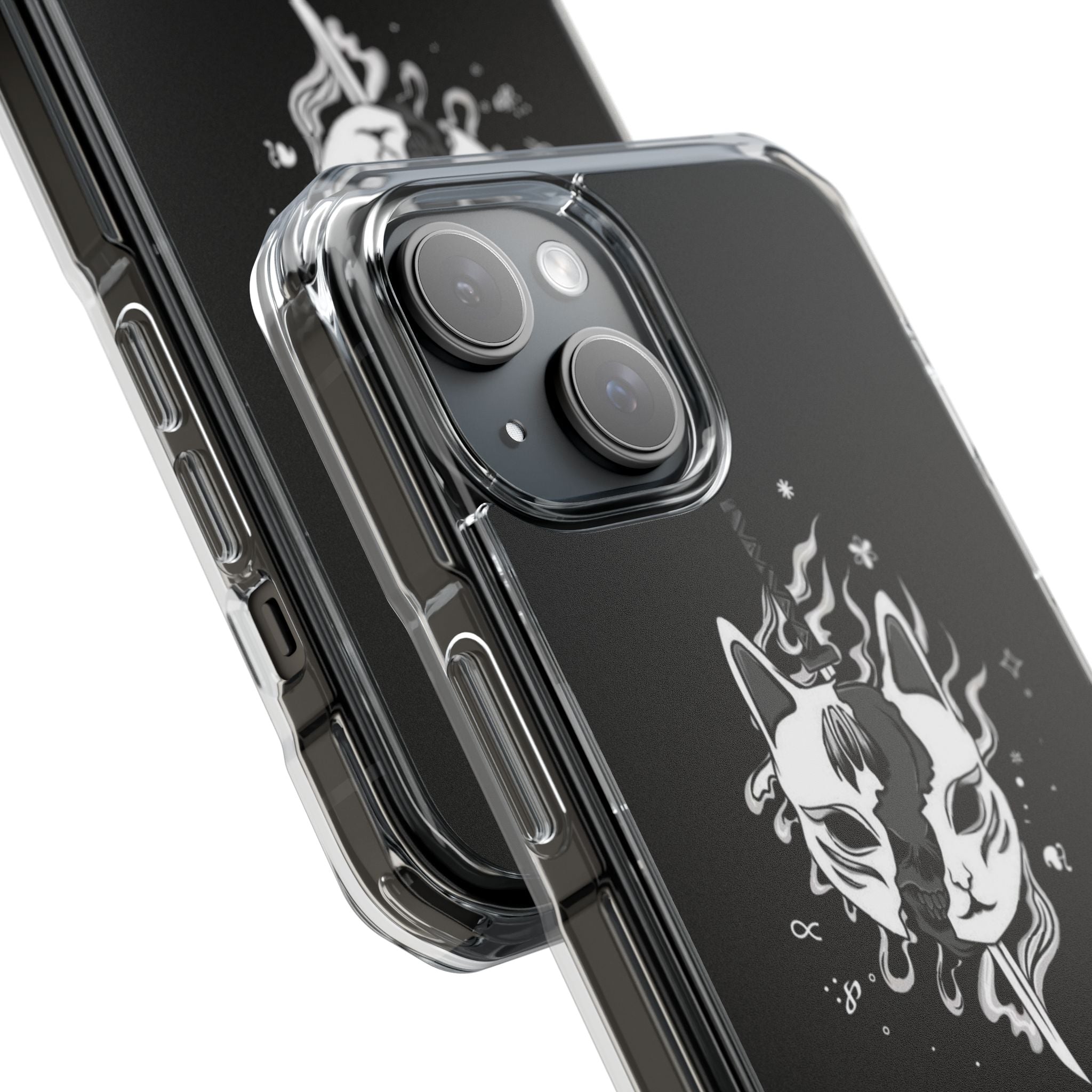 Clear Magnetic Phone Case — Dual Fox Mask White Ink Design