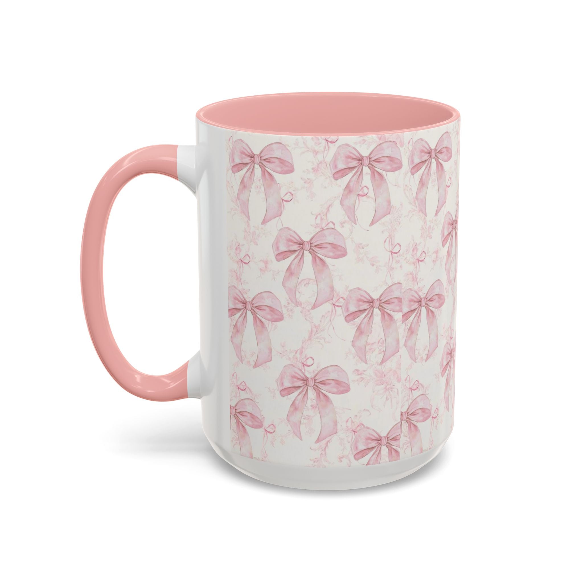 Pink Bow Pattern Accent Coffee Mug — Feminine Floral Ribbon Design, 11/15 oz