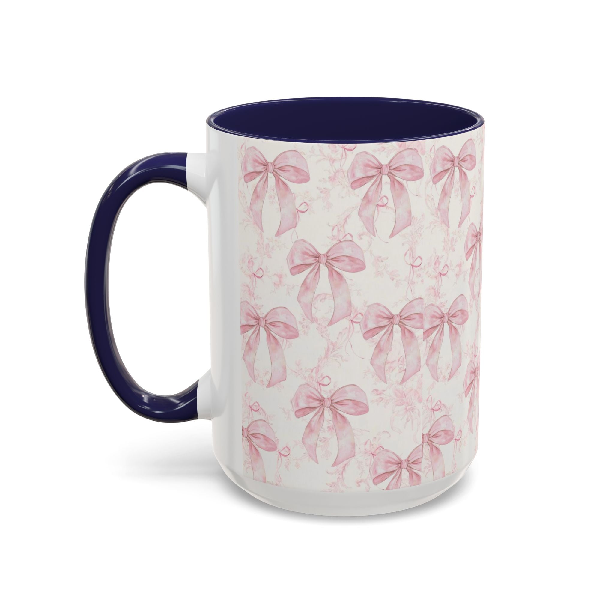 Pink Bow Pattern Accent Coffee Mug — Feminine Floral Ribbon Design, 11/15 oz