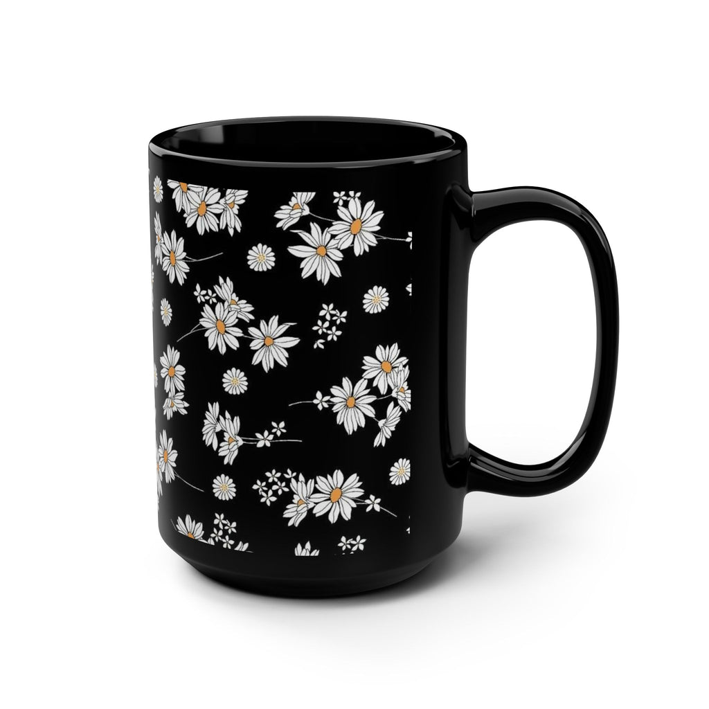 White Daisy Pattern Black Mug, 15oz | Floral Ceramic Coffee Cup