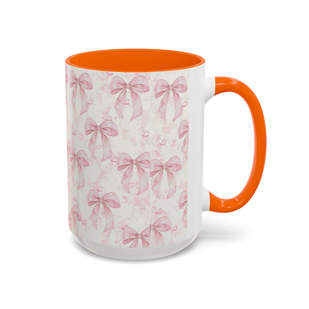 Pink Bow Pattern Accent Coffee Mug — Feminine Floral Ribbon Design, 11/15 oz