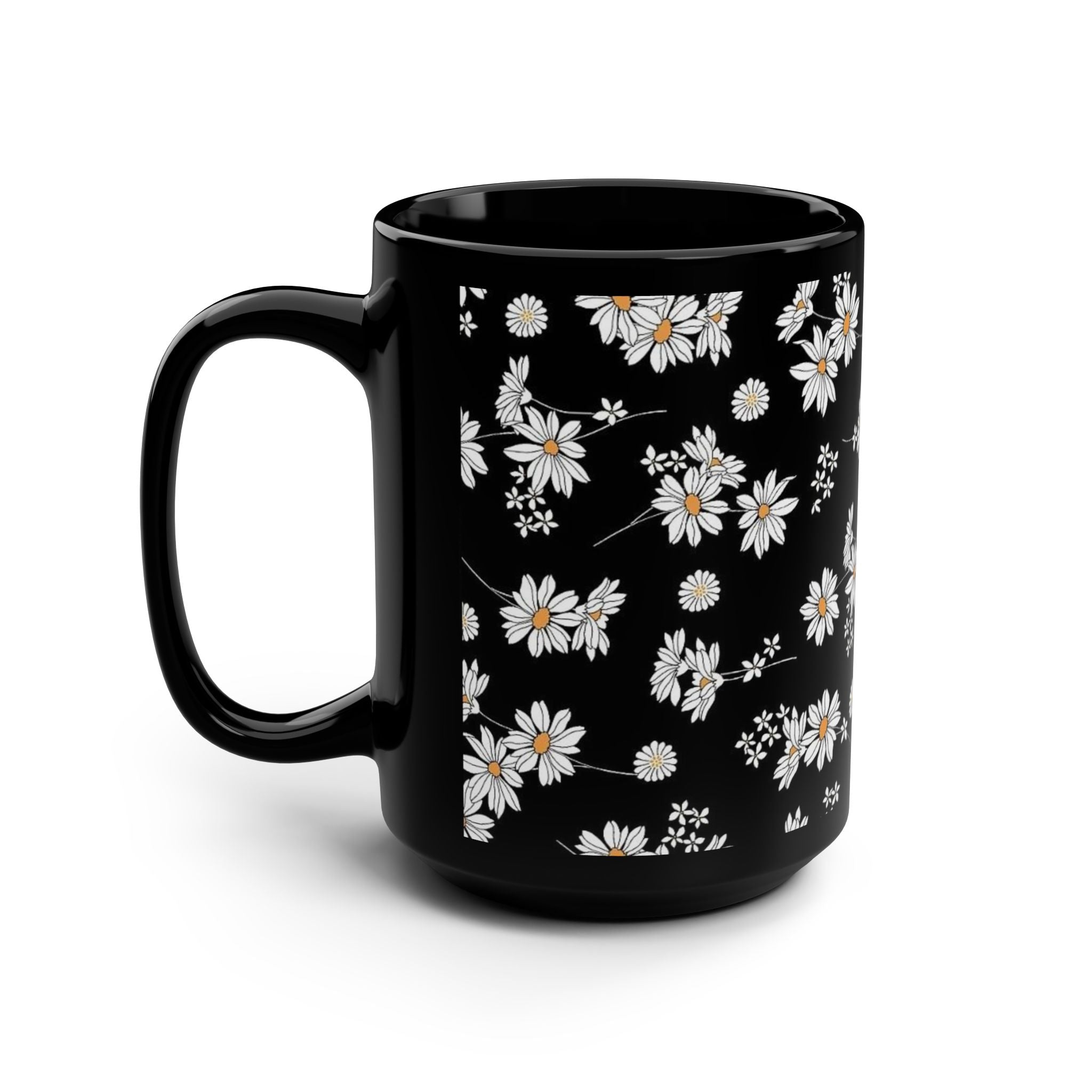 White Daisy Pattern Black Mug, 15oz | Floral Ceramic Coffee Cup