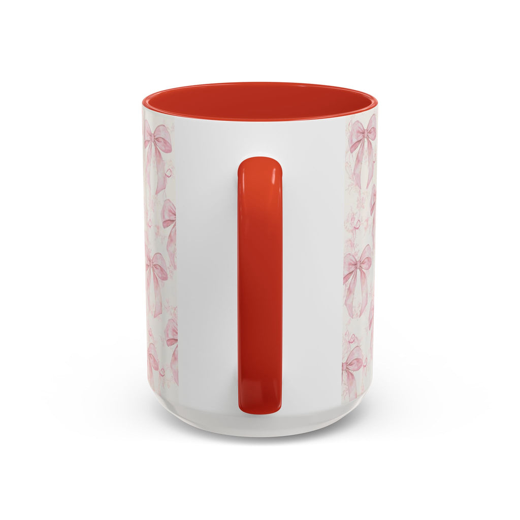 Pink Bow Pattern Accent Coffee Mug — Feminine Floral Ribbon Design, 11/15 oz