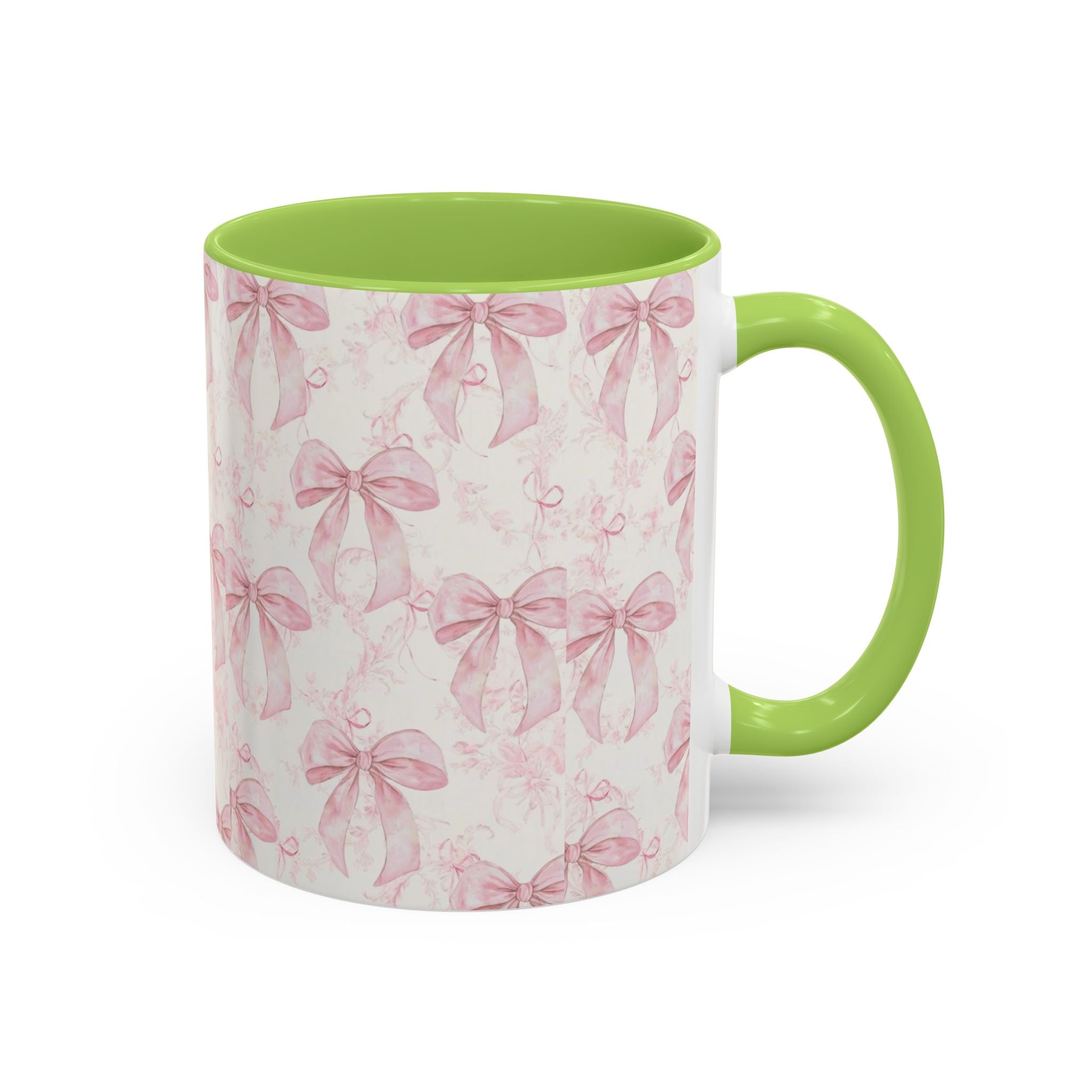 Pink Bow Pattern Accent Coffee Mug — Feminine Floral Ribbon Design, 11/15 oz