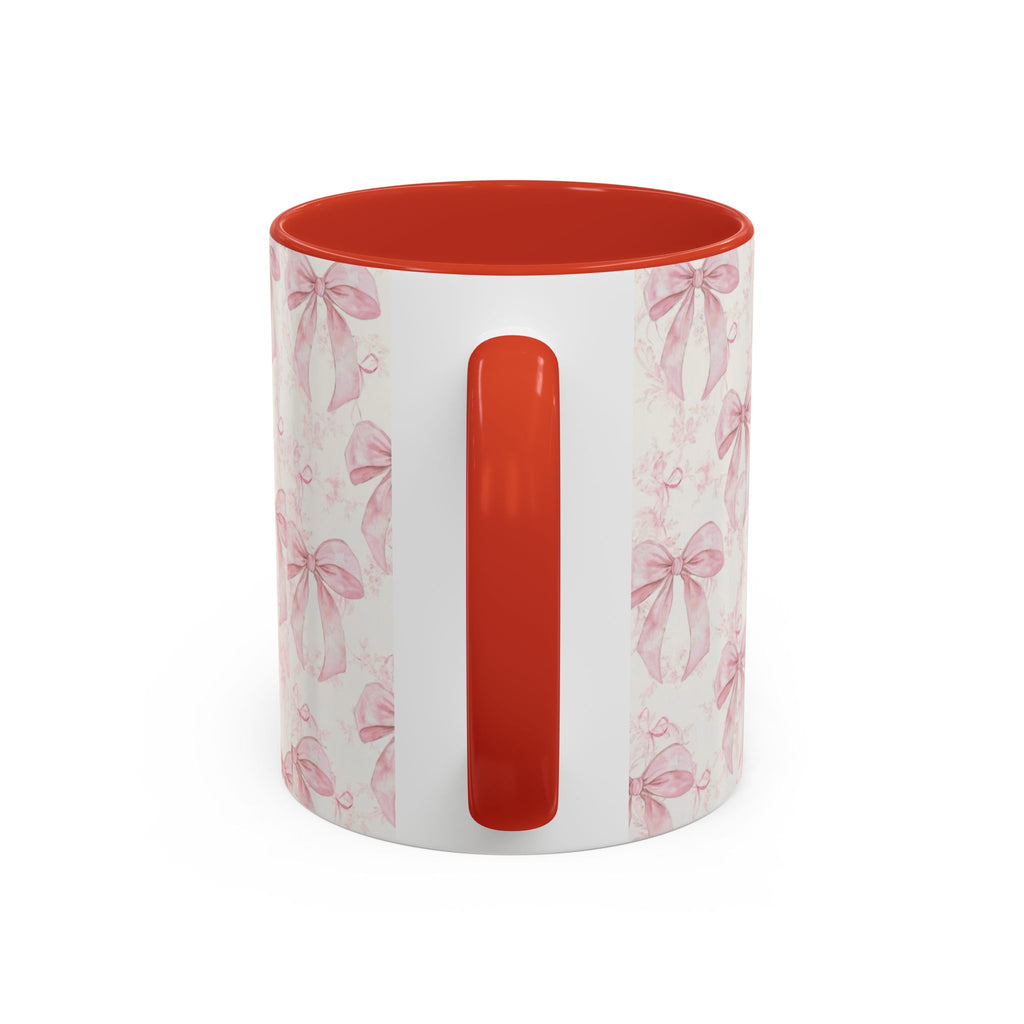 Pink Bow Pattern Accent Coffee Mug — Feminine Floral Ribbon Design, 11/15 oz