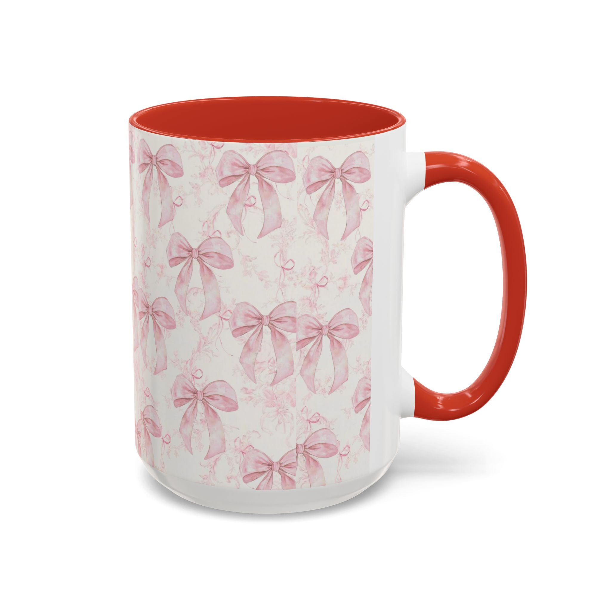 Pink Bow Pattern Accent Coffee Mug — Feminine Floral Ribbon Design, 11/15 oz