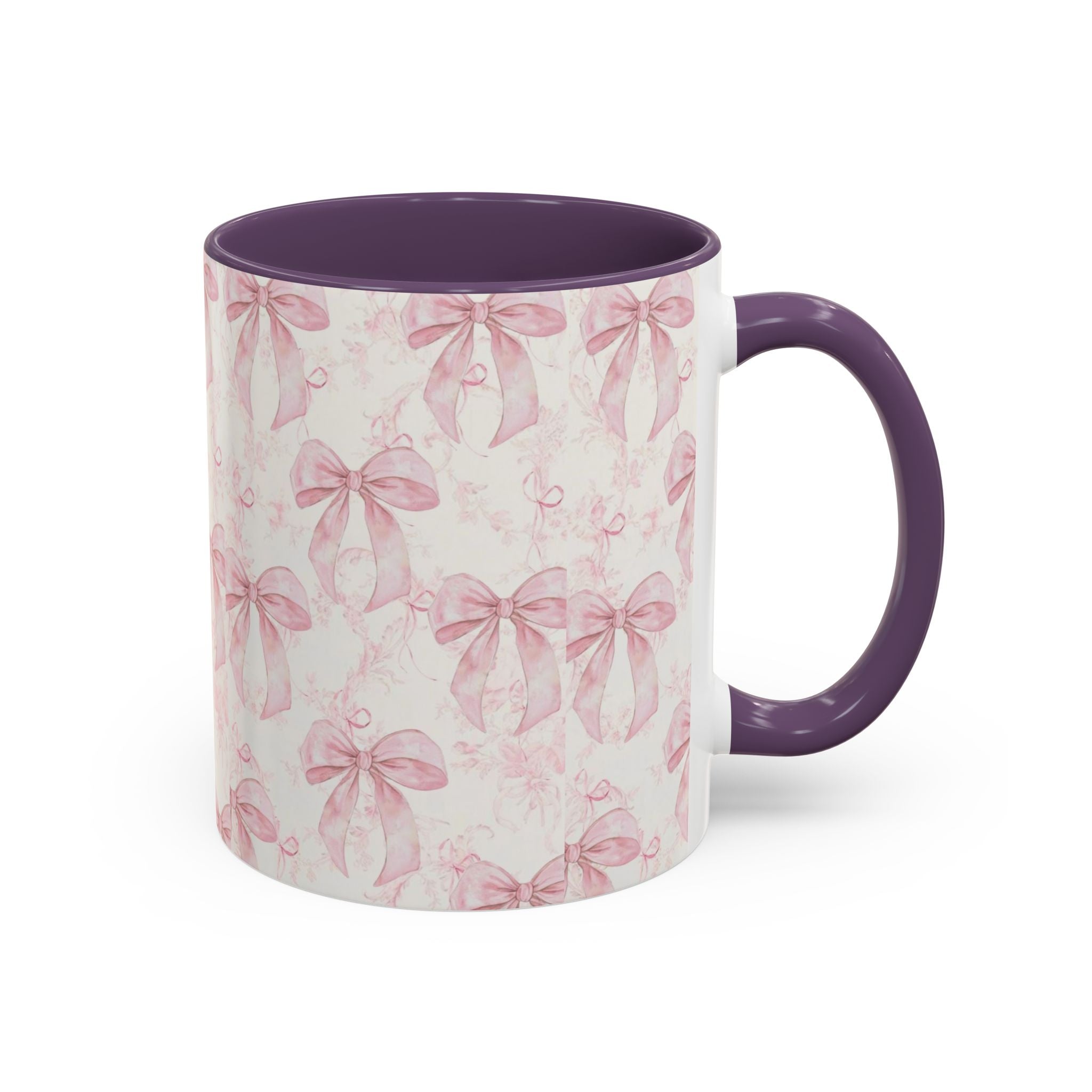 Pink Bow Pattern Accent Coffee Mug — Feminine Floral Ribbon Design, 11/15 oz